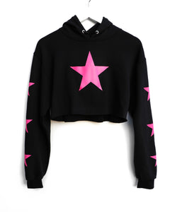 Cropped Hoodie / Black Neon Pink Star